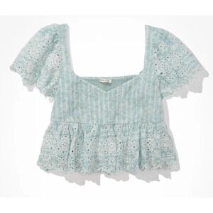 American Eagle Babydoll Top Crop Eyelet Lace Large Dainty Floral Cottage Peasant
